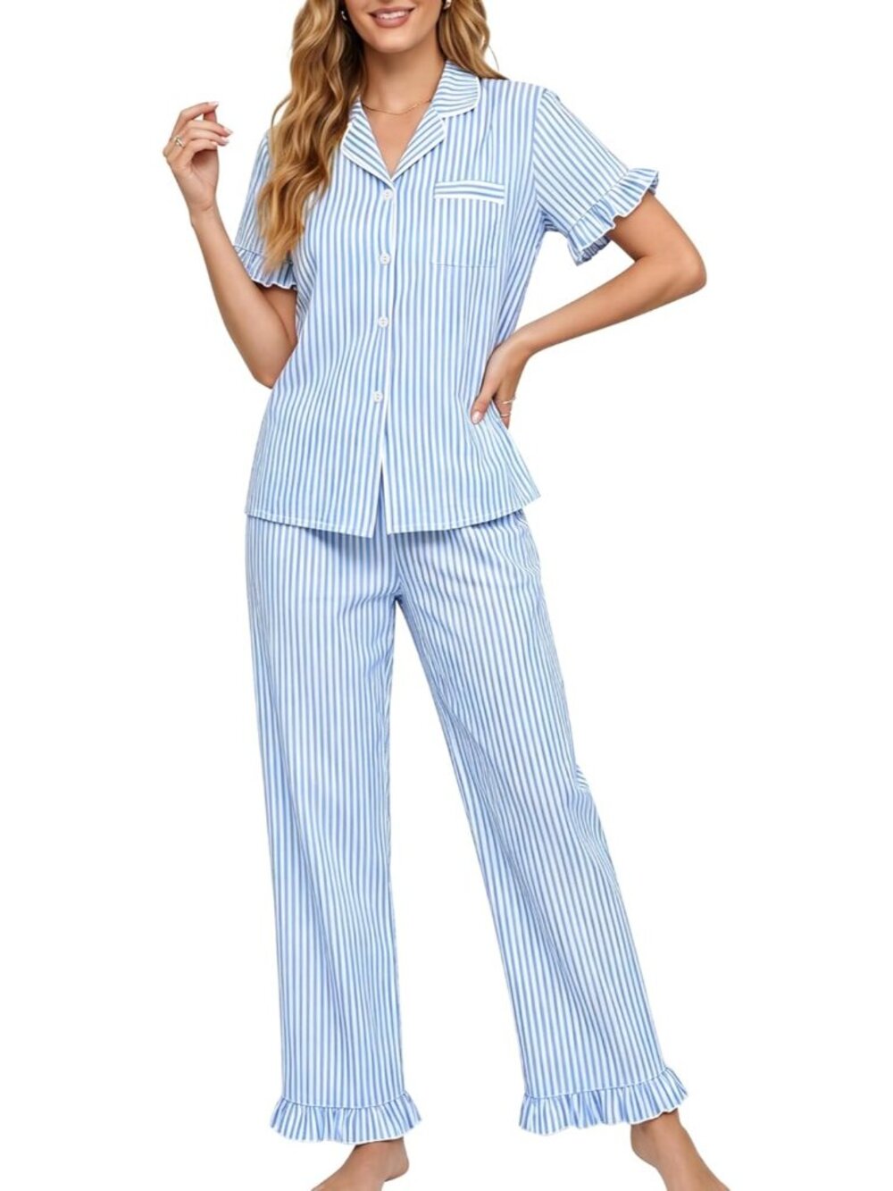 Women's Blue & White Cotton Button Down Shirt Sleepwear 2 Piece Pajamas Set